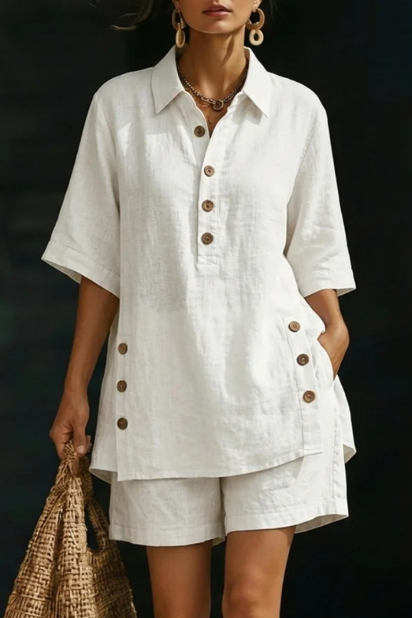 Solid Color Collared Short-sleeved Button-down Loose Top and Elastic Waist Pocket Shorts Set