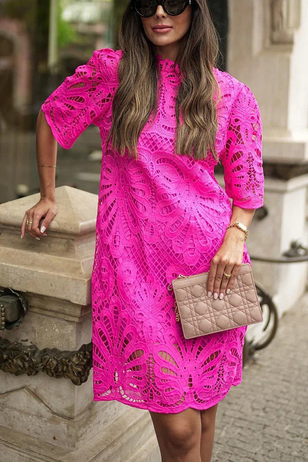 Guipure Lace Hollow-Out Mock Neck Scalloped Hem Shift Mini Dress