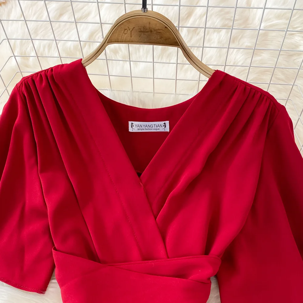 Women Elegant Pleated Dress Summer Short Sleeve V-neck Vintage Dresses Ladies A Line High Waisted Midi Dress