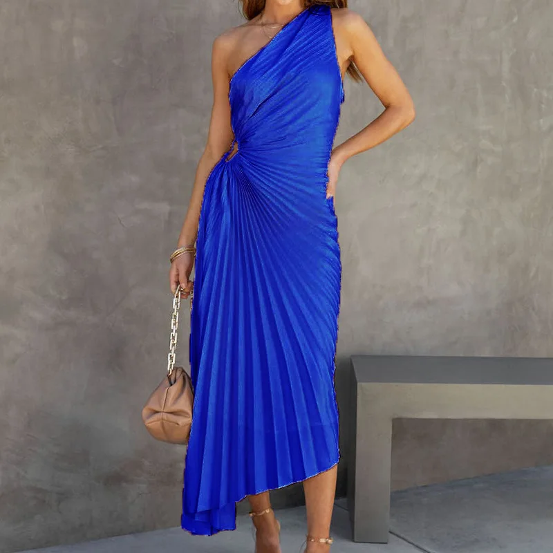 Ootddress Elegant Female Sexy Dress Gown Pleated One-Shoulder Sleeveless Summer Party Dress Fashion Slim Solid For Women Maxi Dress
