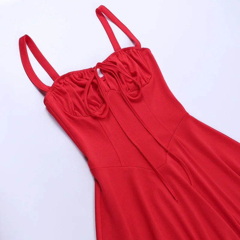 Ootddress Elegant Backless Split Midi Dress For Women Robe Spaghetti Strap Sleeveless Lace-up Pleated Party Long Dress Vestido