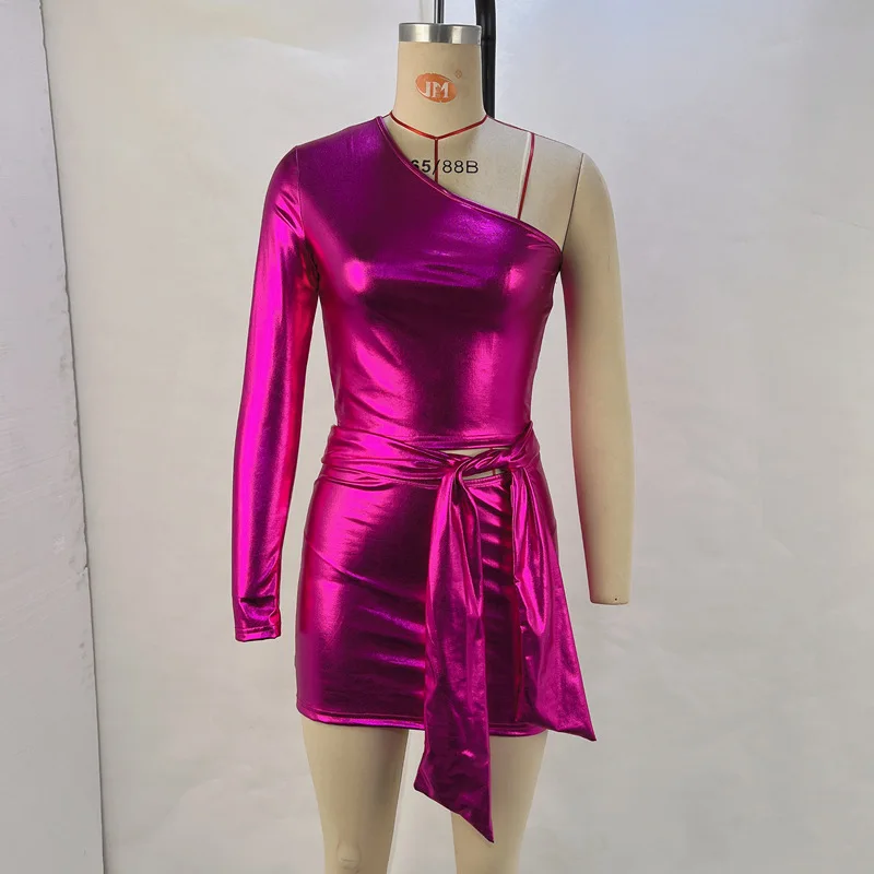 Ootddress Fashion Sexy One Shoulder Set Women Top Wrap Hip Short Skirt Lace up Spicy Girls Two Piece Set Tight Party Nightclub