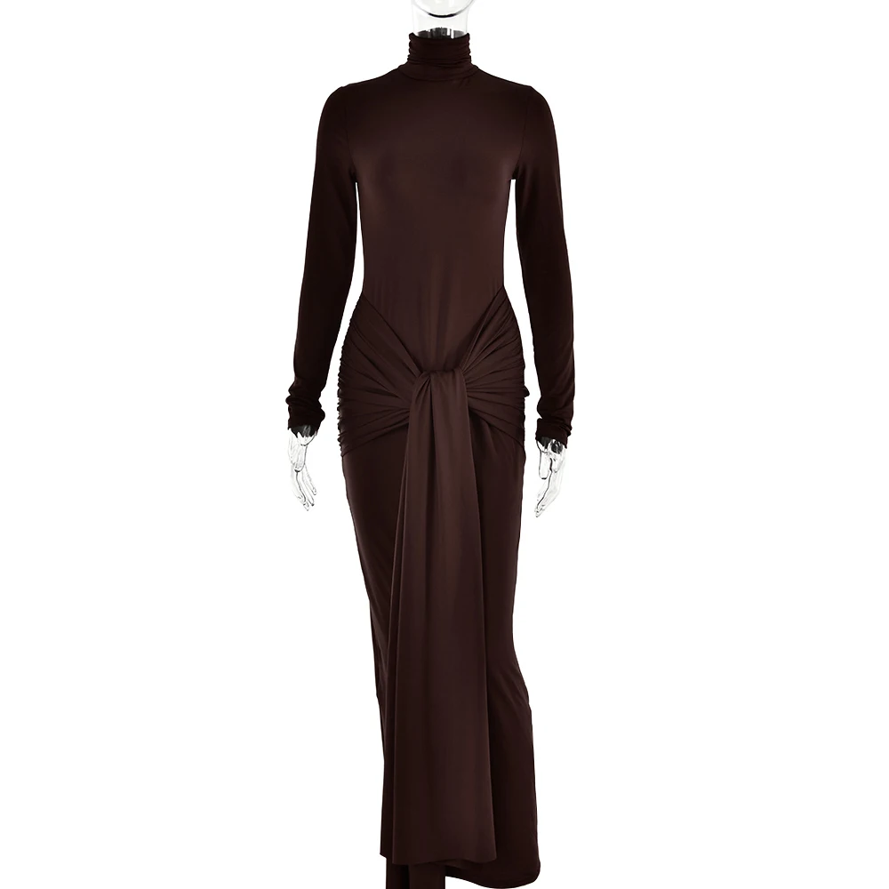 咖啡.jpg Ootddress High Neck Long Sleeve Bodycon Dress For Women Tight Elastic Lace Up Maxi Long Dress Autumn New Party Club Vestidos