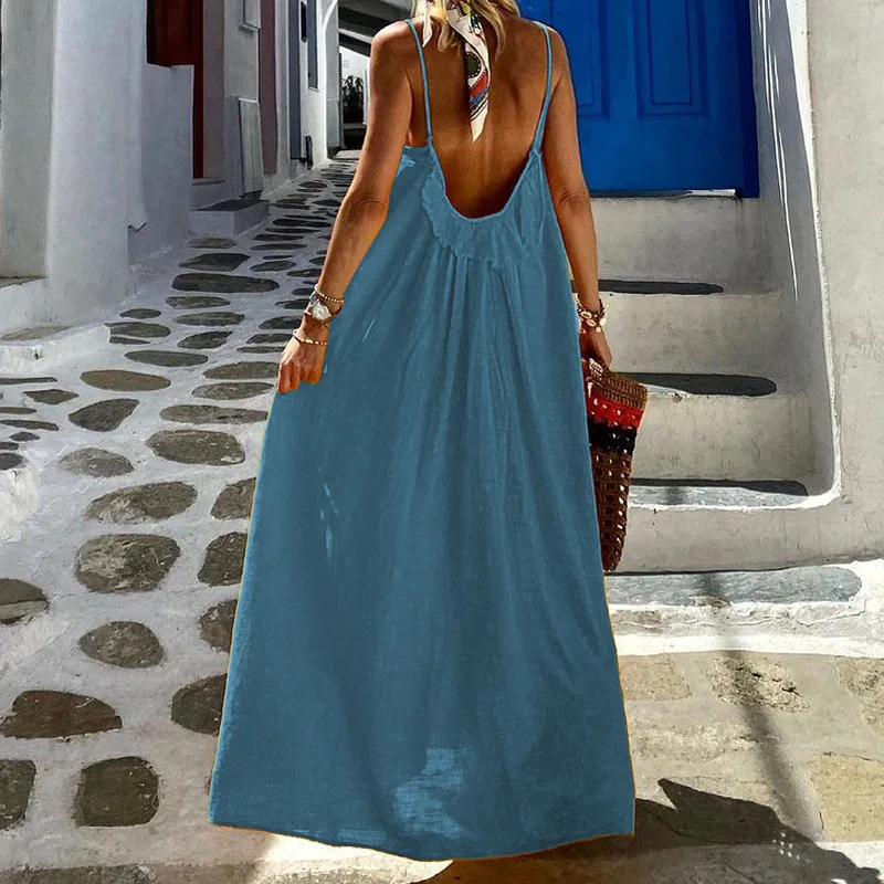 Bohemian Solid Color Spaghetti Strap Dresses Women Loose Sexy Backless Beach Vacation Long Dress Female Fashion Casual Vestidos 11 undefined