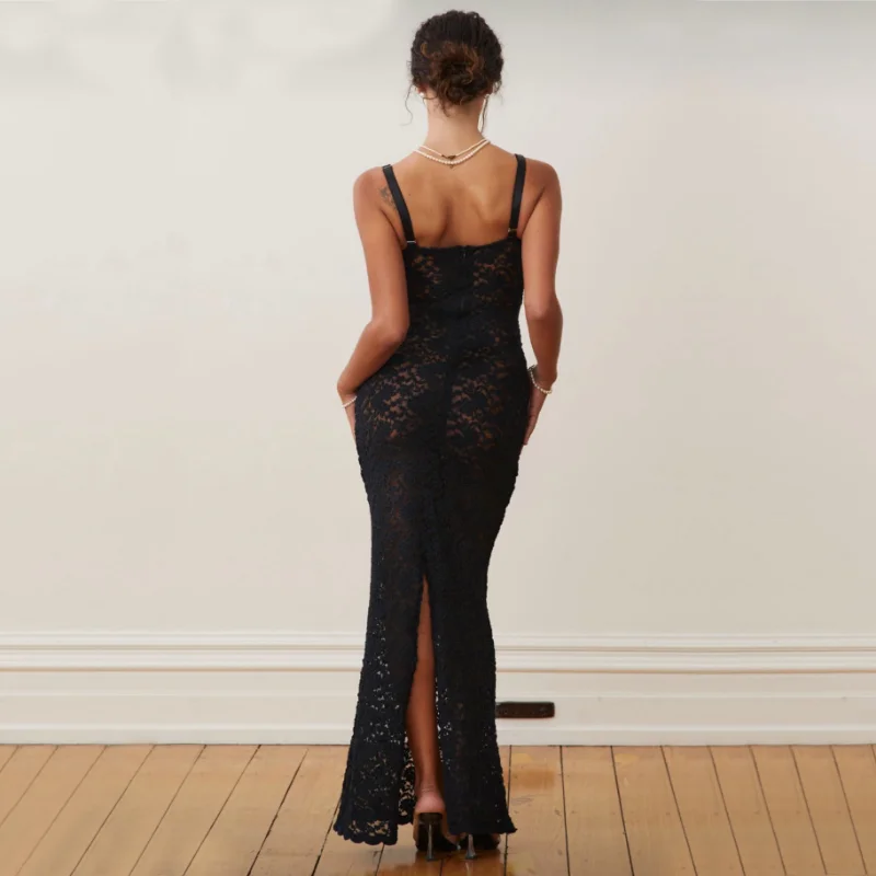 Ootddress Lace Black Dress Female Slim Hollow Out Spaghetti Backless Dress Elegant Party Evening Gown Split Women Maxi Dress Summer