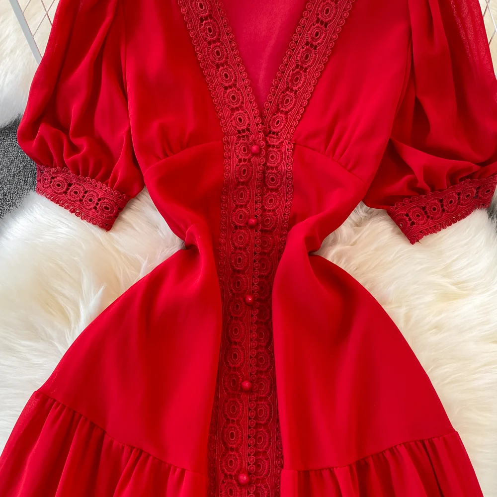 New Women Vintage Party Dress Summer Puff Sleeve Sexy V Neck Lace Single-breasted Long Dresses Ladies A Line Elegant Long Robe 9 New Women Vintage Party Dress Summer Puff Sleeve Sexy V Neck Lace Single-breasted Long Dresses Ladies A Line Elegant Long Robe