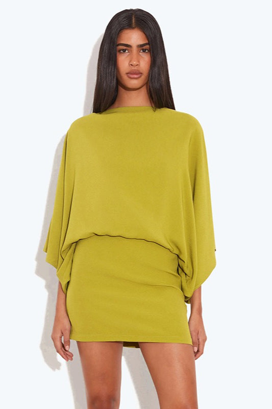 Deep Back Cowl Neck Draped Wing Sleeve Loose Mini Dress