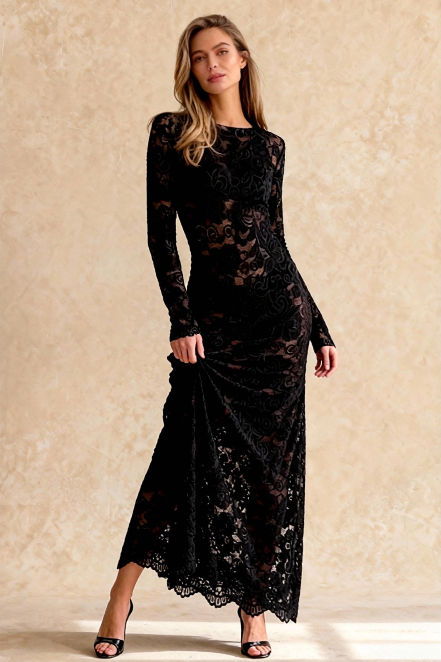 Floral Lace Long Sleeve Crew Neck Sheath Maxi Gown