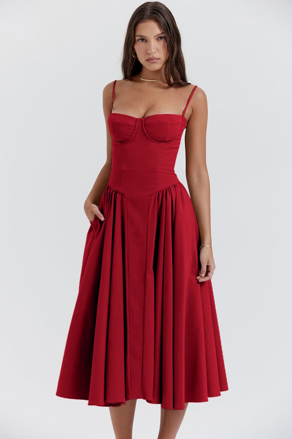 Bustier Sweetheart Spaghetti Strap Drop Waist Fit and Flare Midi Dress