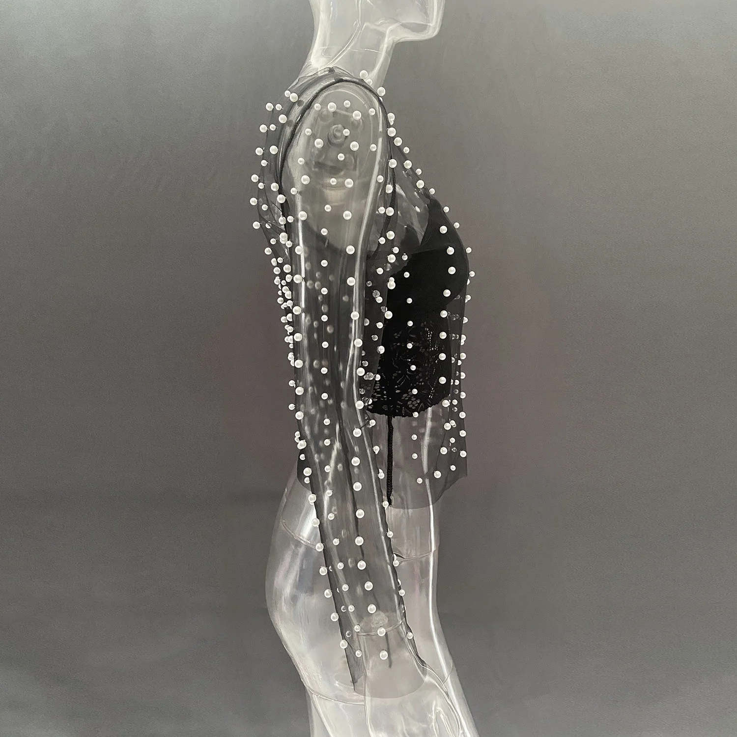 Ootddress Pearl Mesh See Through T-shirt Women Fashion Long Sleeve Pullover Blouse Ladies Summer U Neck Sexy Tee Shirt Tops