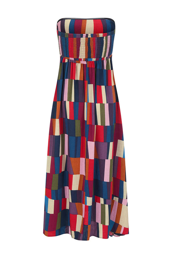 Retro Chic Linen Blend Colorful Color Block Strapless Back Smocked Midi Dress