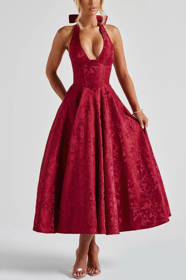 Stylish Jacquard Halter Neck Fitted Waist Open Back Elegant Midi Dress