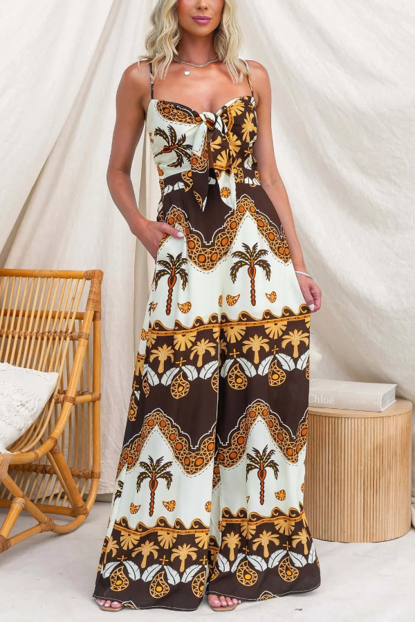 Unique Print Casual Spaghetti Strap High Waist Resort Loose Wide Leg Jumpsuit