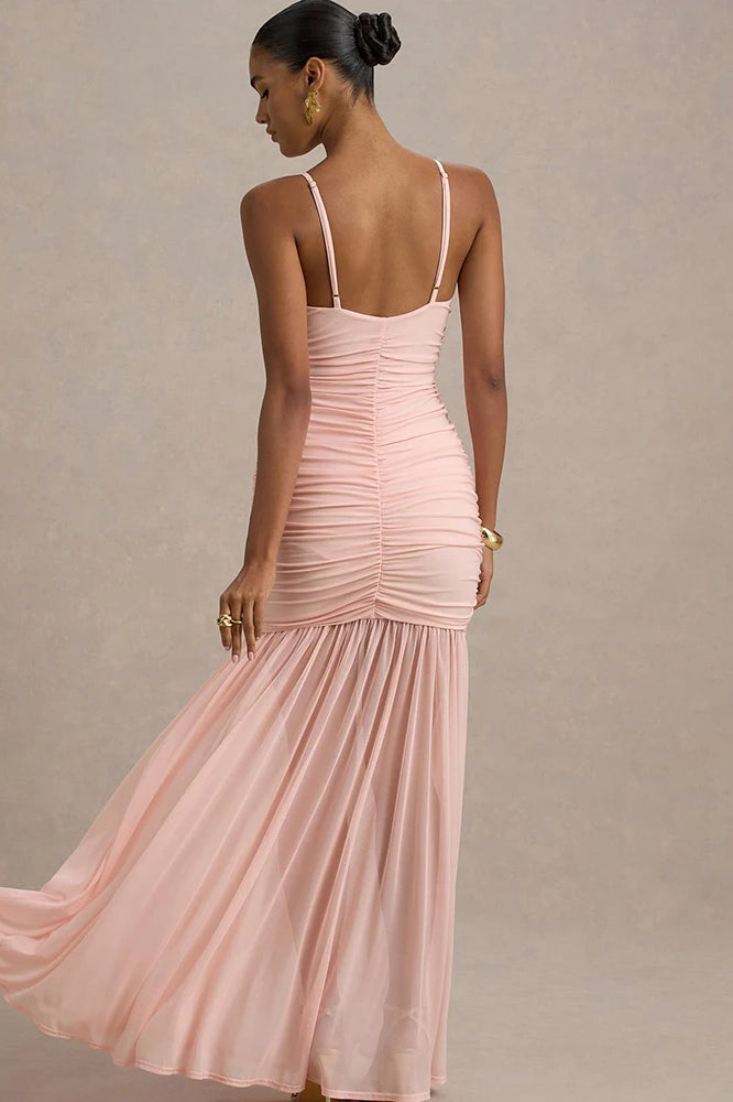 Deep V-Neck Spaghetti Strap Ruched Sheer Mesh Skirt Maxi Dress