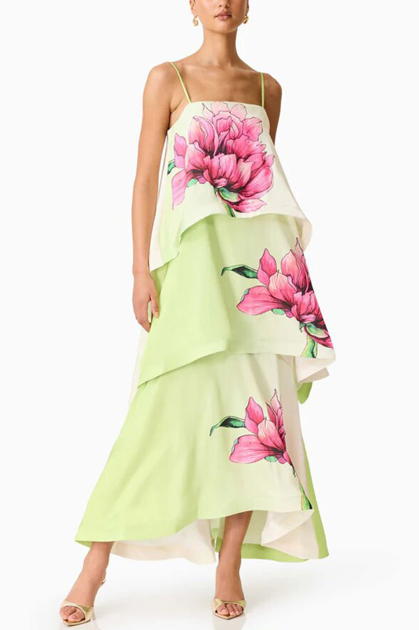 Elisia Satin Color Block Flower Print Tiered Slip Square Neck A-line Maxi Dress