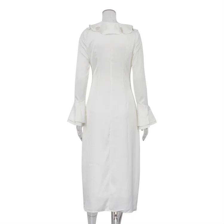 Ootddress Ruffle V Neck Elegant Dress For Women Slim Long Sleeve High Waist Temperament Dresses Femme Party Slit Long Dress Woman