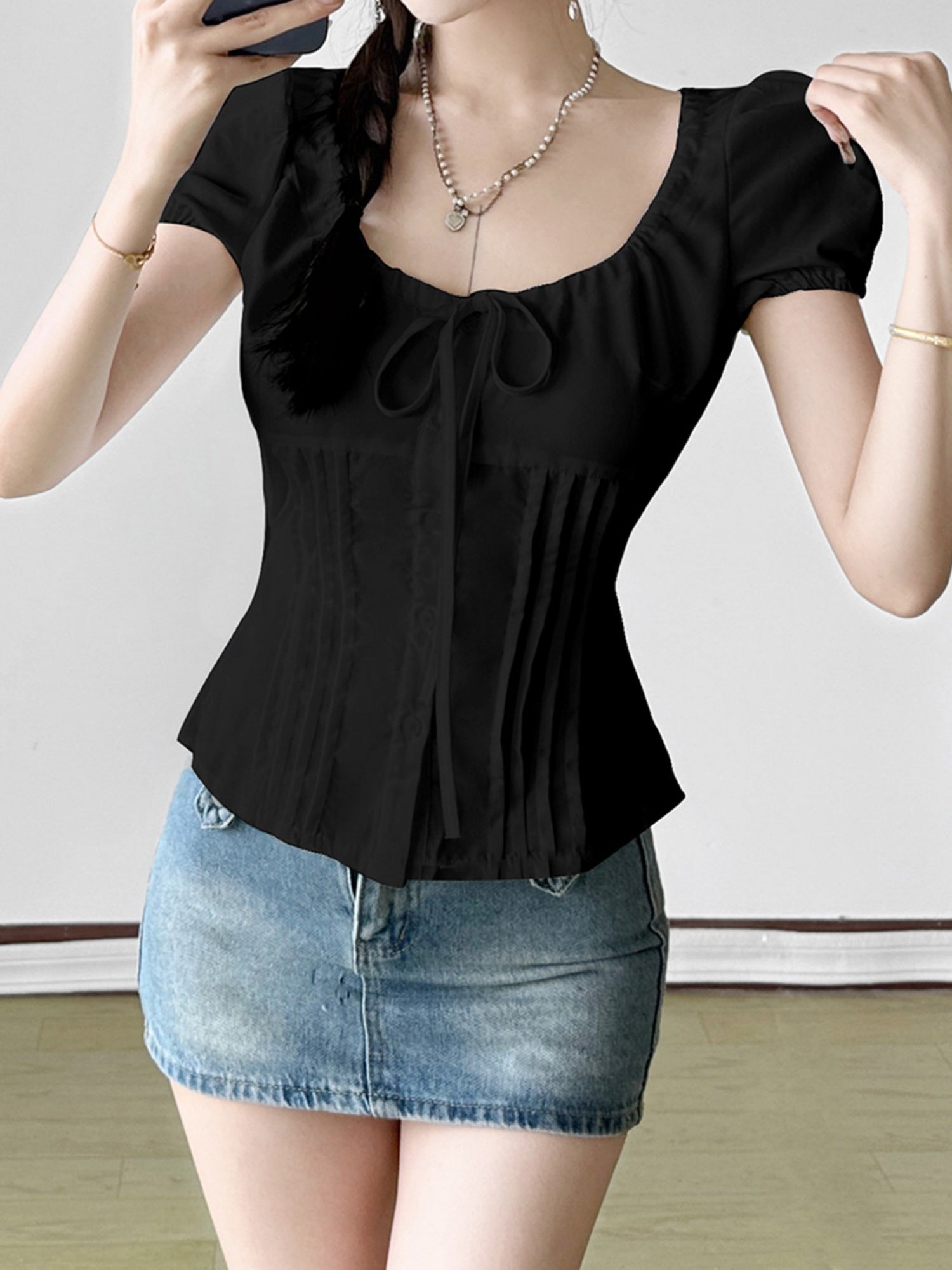 Bow Tie Puff Sleeve Waist Shaping T-shirts