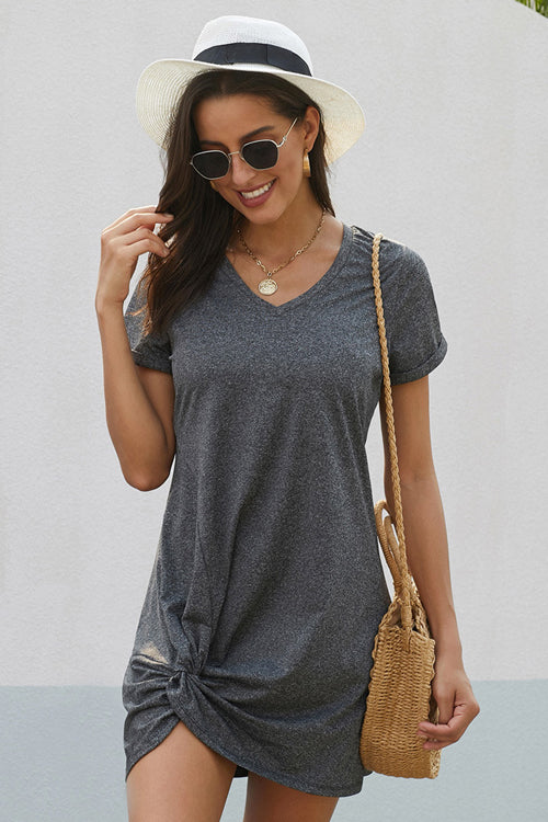 V-Neck Short Sleeve Side Knot Twist Hem T-Shirt Mini Dress