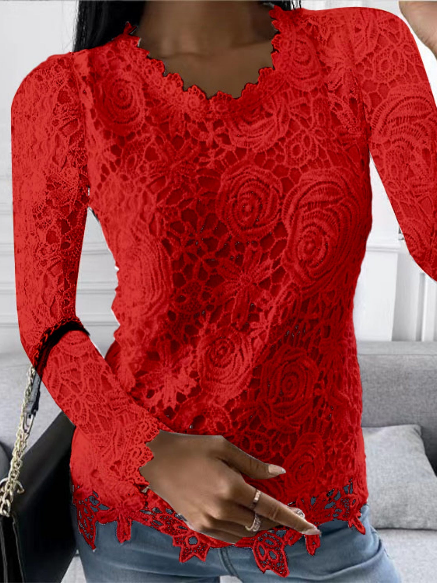 Lace Trim Crew Neck Long-sleeved T-shirt