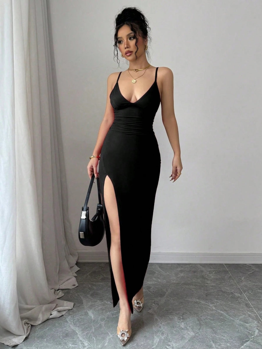 Hip-hugging Slit V-neck Formal Dress Midi Dresses