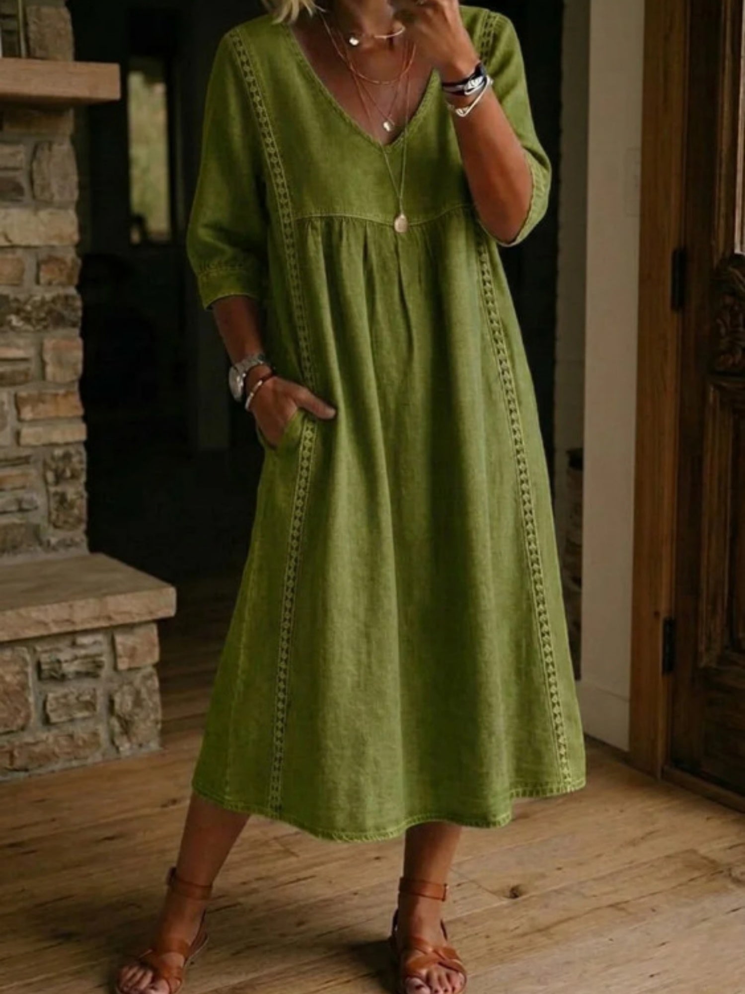 Lace Trim Linen Cotton V-neck Maxi Dresses