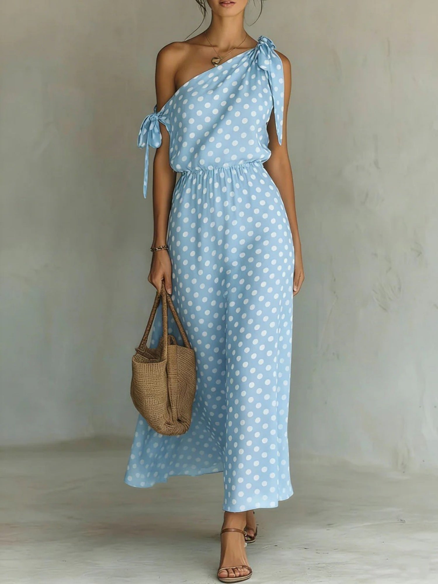 Polka Dots Sloping Shoulders Straps Maxi Dresses