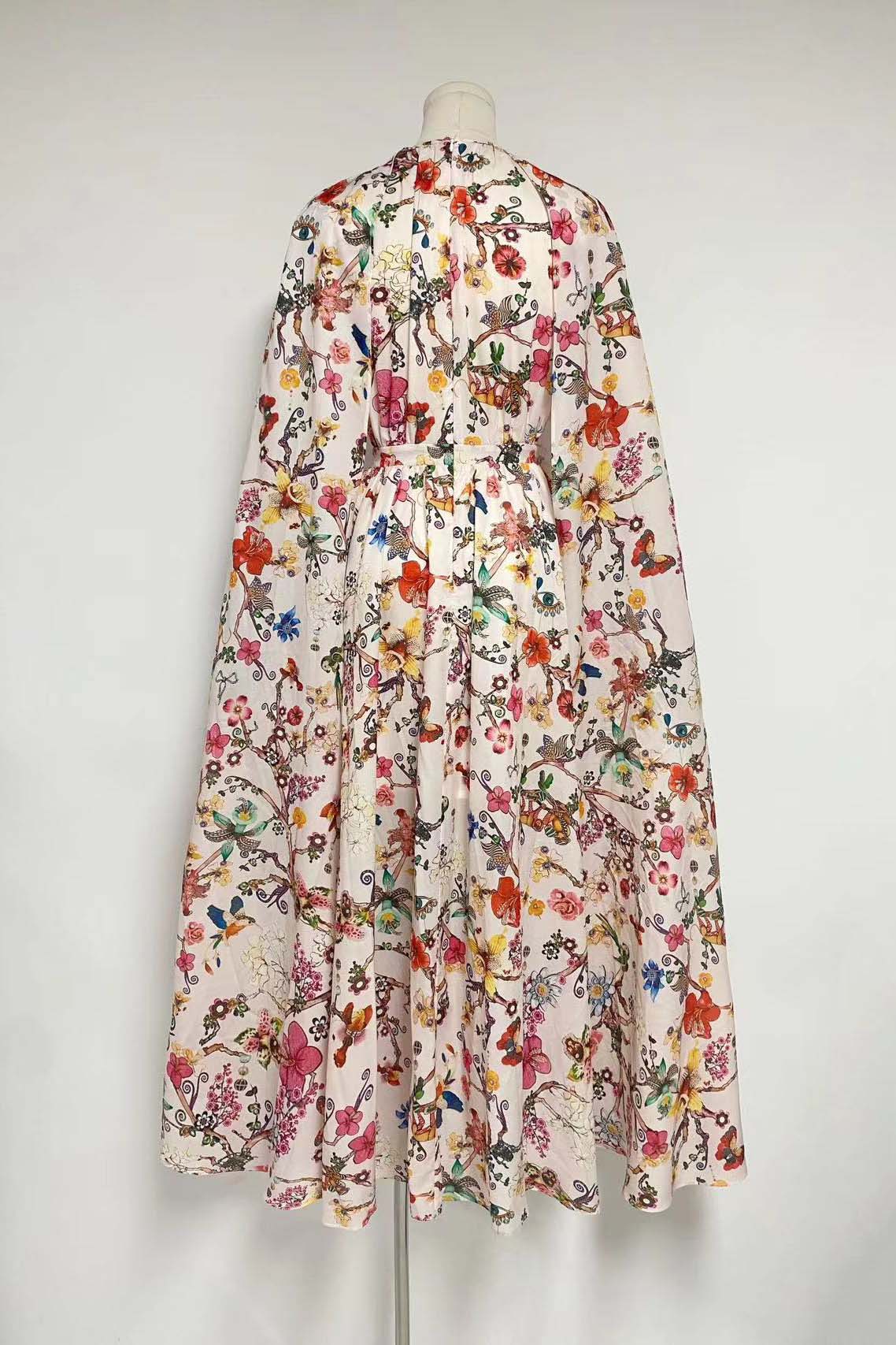Botanical Floral Print Mock Neck Cape Sleeve Maxi Dress