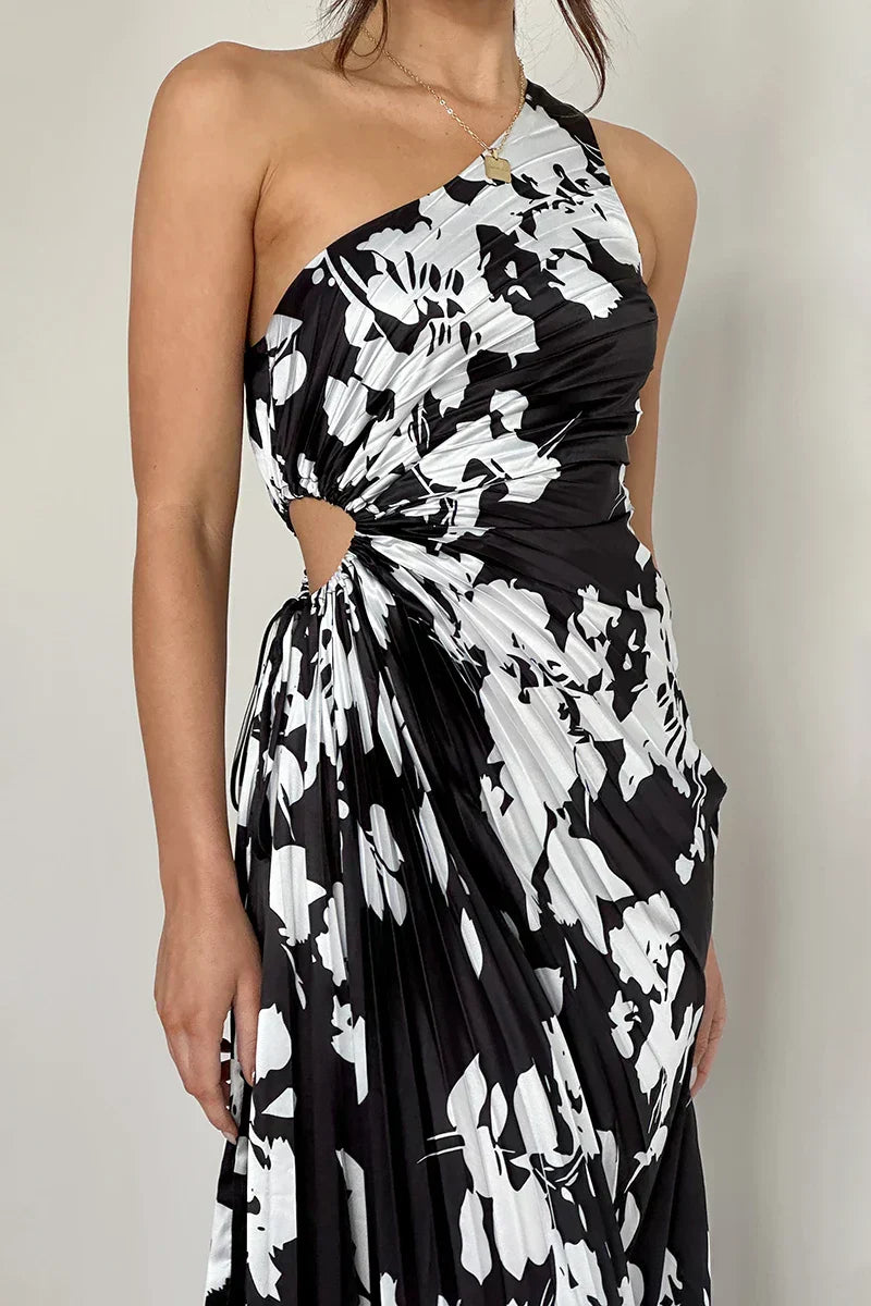 Floral Print One Shoulder Ruched Waist Bodycon Maxi Dress