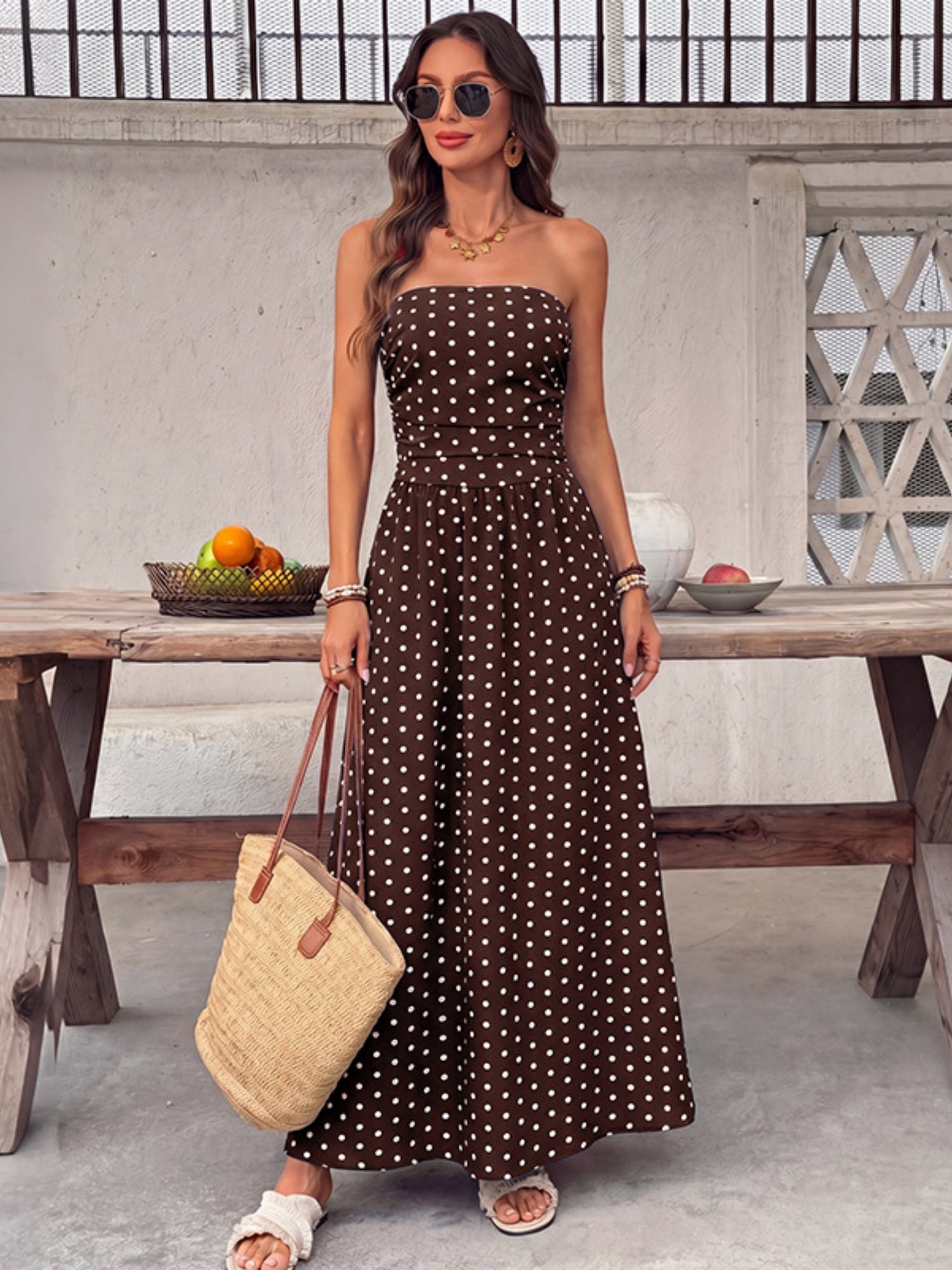 Polka Dots Tucking And Waist-cinching Strapless Maxi Dresses