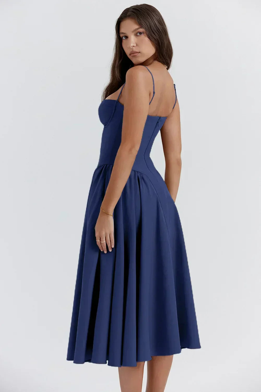 Bustier Sweetheart Spaghetti Strap Drop Waist Fit and Flare Midi Dress