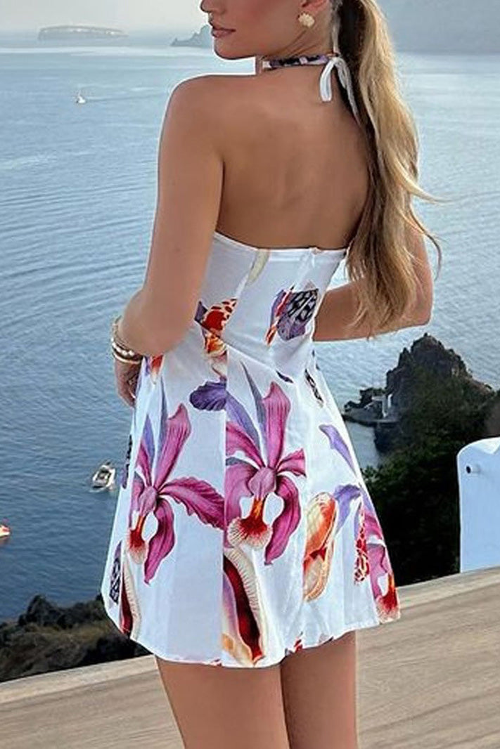 Seashell Print Halter Neck Ring Hardware A-Line Mini Dress