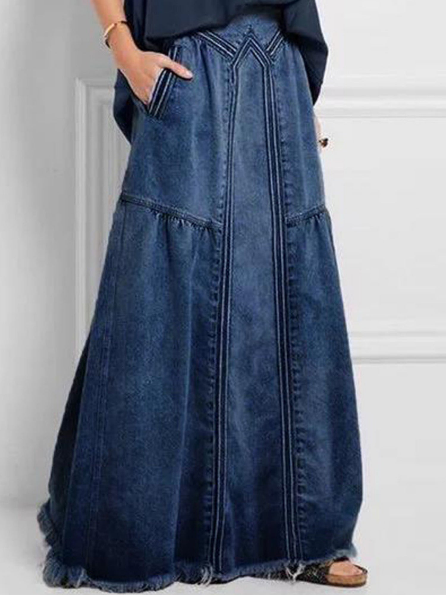 Denim Pocket Elastic High Waist Skirts