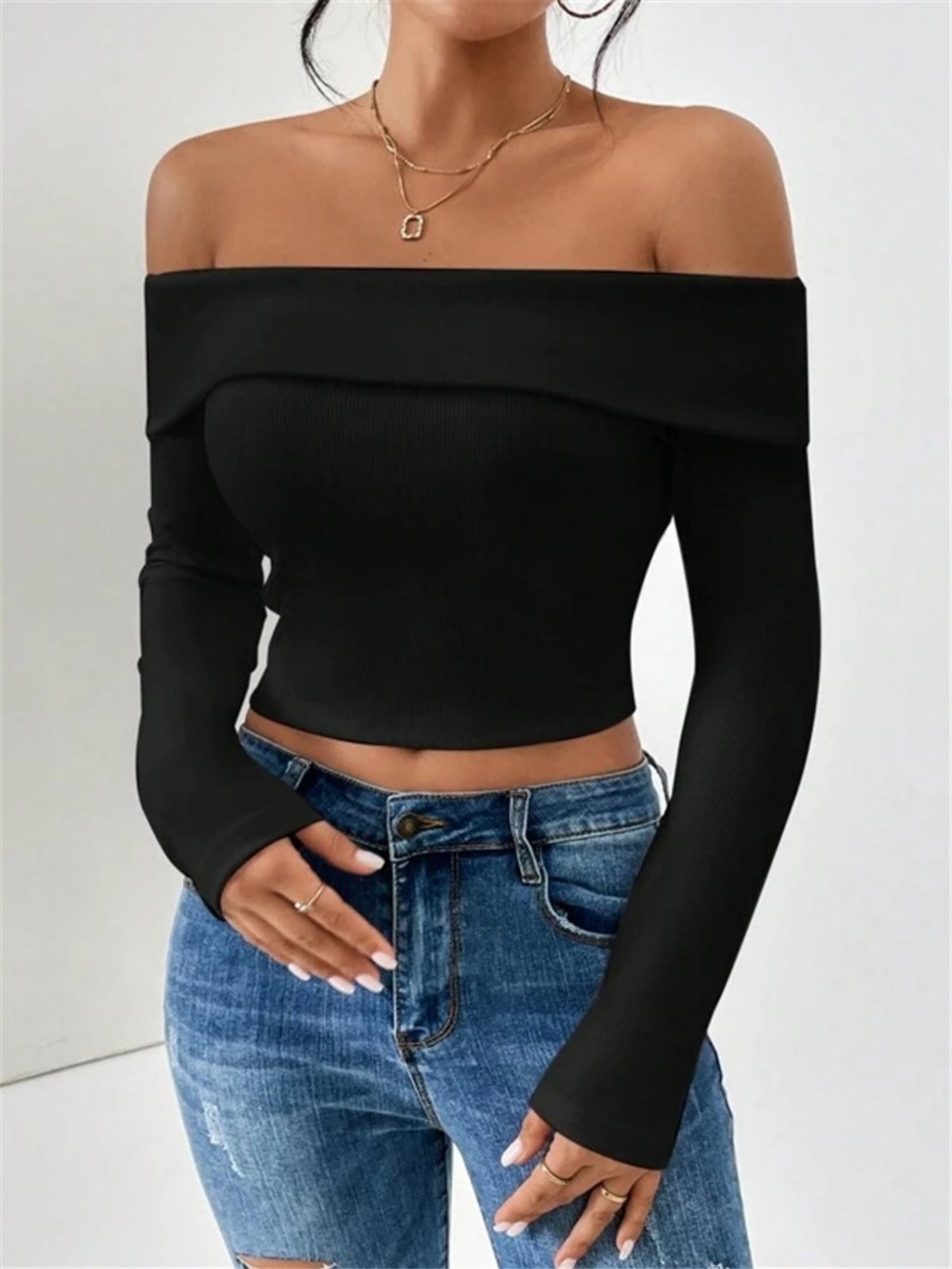 Off-shoulder Slim Fit Short Long-sleeved T-shirt