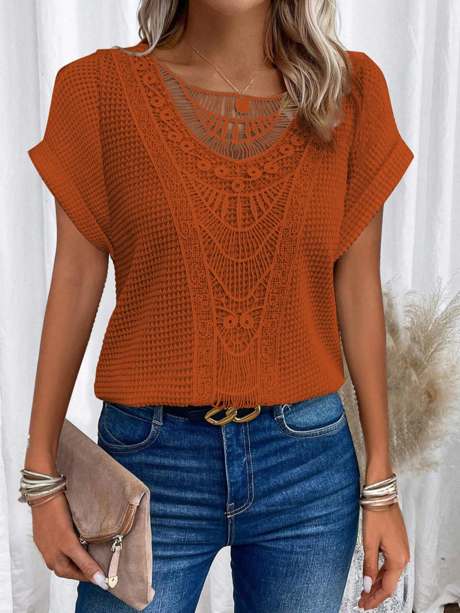 Openwork Lace Crew Neck Patchwork Cropped T-shirt