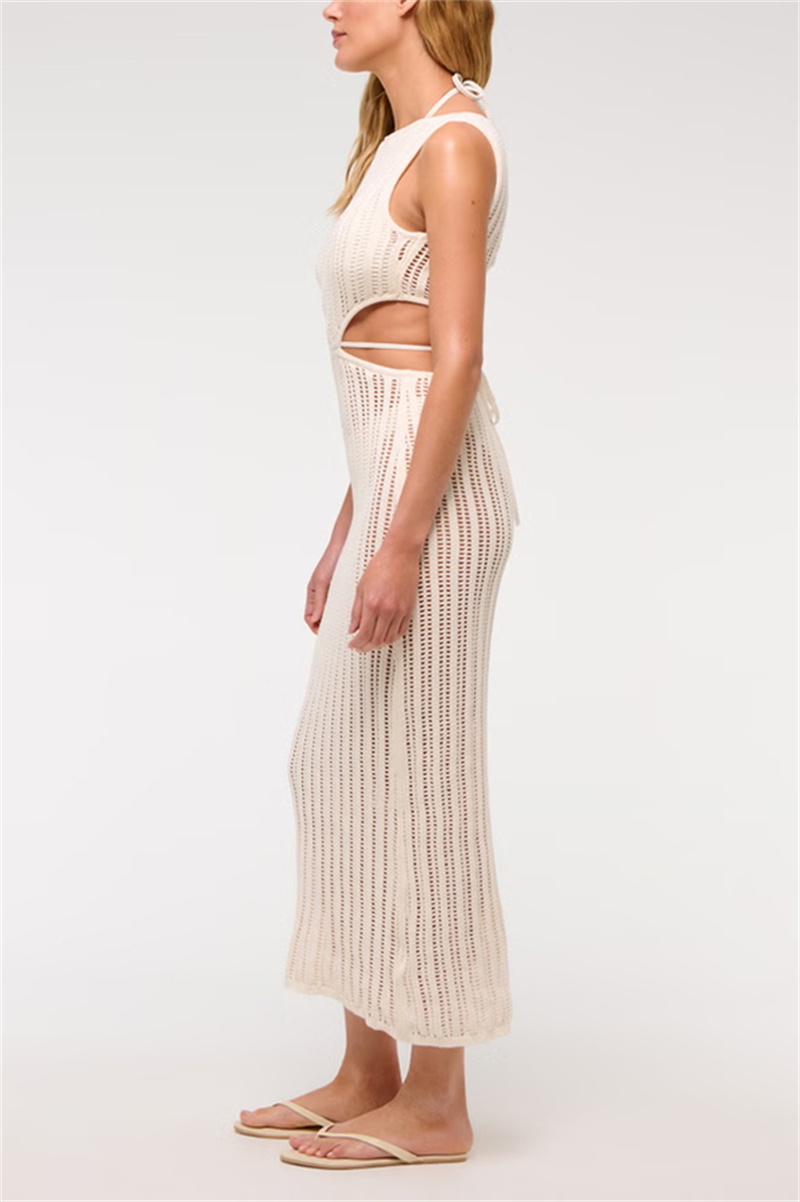 Beach Day Crochet Knit Cutout Waist Coverup Stretch Maxi Dress