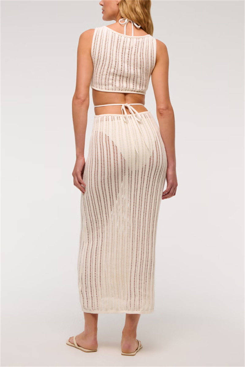 Beach Day Crochet Knit Cutout Waist Coverup Stretch Maxi Dress
