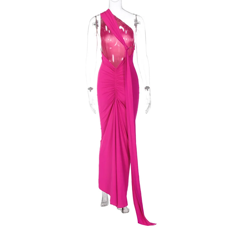 Ootddress Oblique Shoulder Backless Maxi Dress For Women Gown Summer Back Strap Sleeveless Ruched Party Sexy Long Dress Vestidos