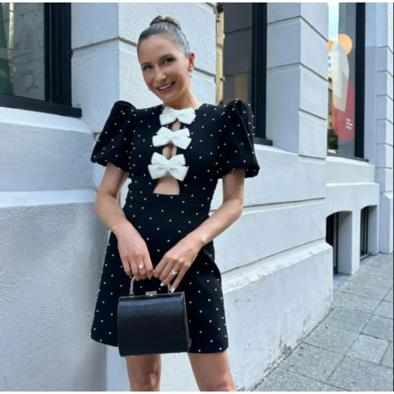 Fashion Puff Sleeve Bow Mini Dress For Women 2025 Spring Summer Solid High-waist Short Dresses Female Elegant Chic Party Looks