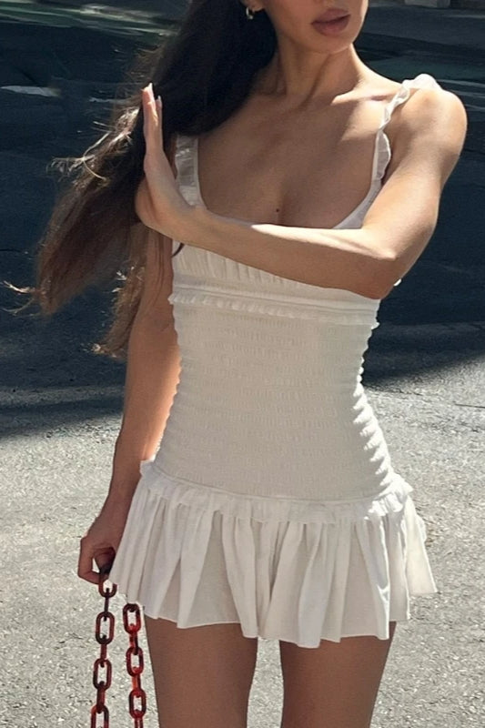 Smocked Ruffle Trim Scoop Neck Tiered Ruffle Hem Sleeveless Mini Dress