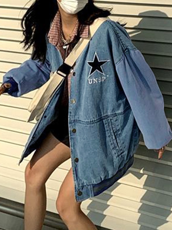 Denim Star Decor Preppy Jacket