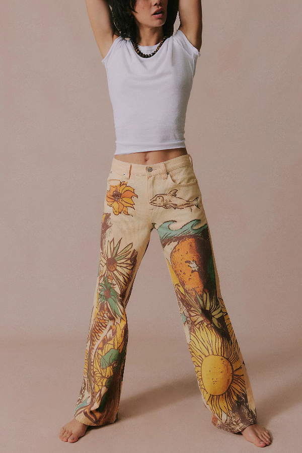 We The Free Denim Playful Doodle Printed Mid Rise Pocket Wide Leg Jeans