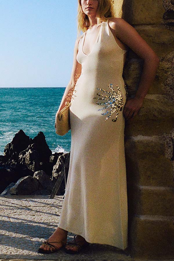 Sparkling Nights Knit Sunburst Sequin Detail Back Cross Straps Stretch Maxi Dress