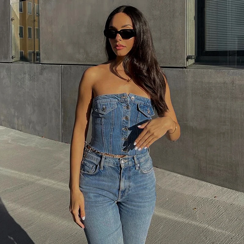 Solid Denim Pocket Design Button Vest Women Casual Bare Midriff Wrapped Chest Sleeveless Crop Tops Streetwear Tanks - Sleeveless Crop Tops Streetwear Tanks - Women Casual Bare Midriff Wrapped Chest - Solid Denim Pocket Design Button Vest