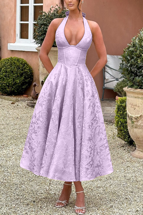 Stylish Jacquard Halter Neck Fitted Waist Open Back Elegant Midi Dress