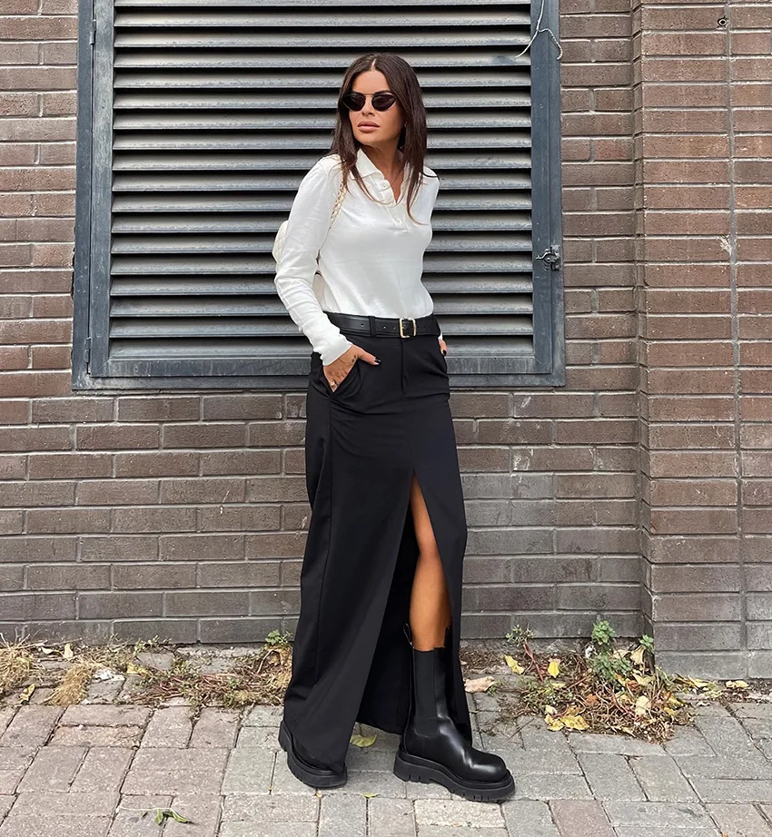 Ootddress Black Long Skirt For Women Casual Streetwear High Waist Slim Bodycon Skirts Split Out Ladies Basic Straight Maxi Skirt