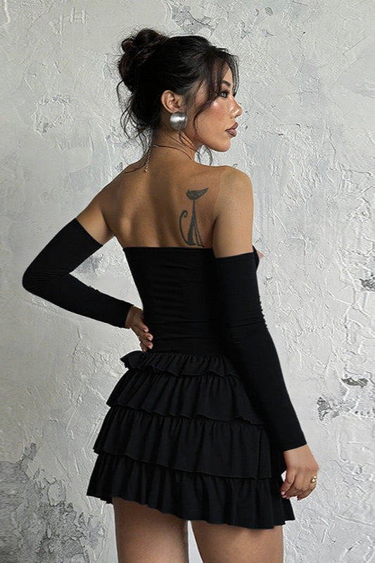 Grommet Trim Off-Shoulder Long Sleeve Tiered Ruffle Bodycon Mini Dress