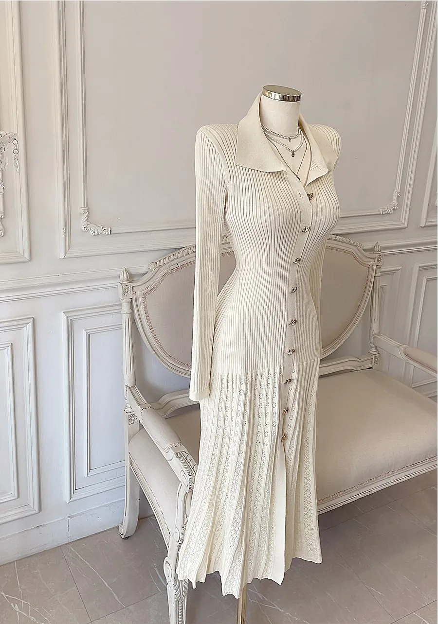 Retro Elegant Knitted Dress Women Long Sleeve Slim Single Breasted Bodycon Dresses Ladies Lapel Hollow Out Long Robe Vestidos 6 Retro Elegant Knitted Dress Women Long Sleeve Slim Single Breasted Bodycon Dresses Ladies Lapel Hollow Out Long Robe Vestidos