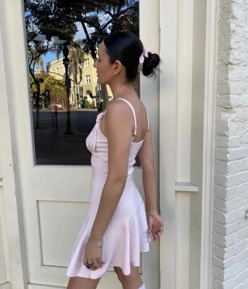 Ootddress Ruffle Knitted Dress For Women Sleeveless V Neck Slim Splice Flower Sundress Ladies Casual Fashion Y2k Solid Dress Woman