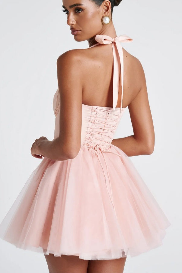 Boned Halter Lace Tie Waist Tulle Overlay Mini Dress