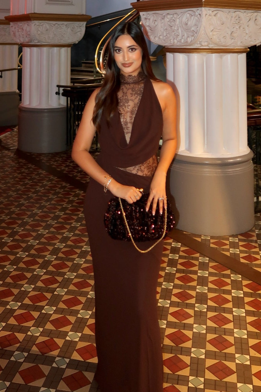 Brown Halter Lace Cowl Bodycon Dress